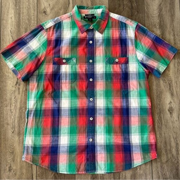 Mens XL Cremieux Classics Slim Fit Shirt Short Sleeve Button Down Plaid Multi - Picture 1 of 11
